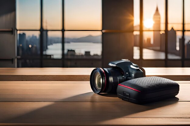 A camera on a table with a view of the city in the background