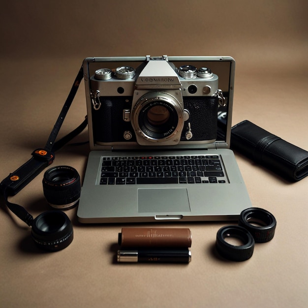 Photo a camera that is sitting on a table with a lens on it