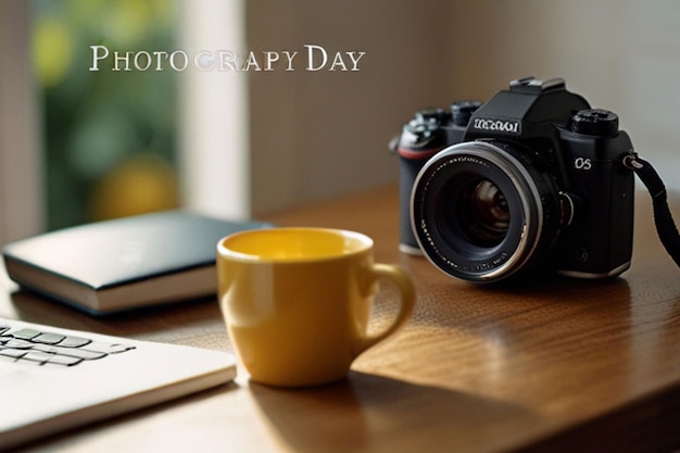 Photo a camera that is on a table next to a cup of coffee