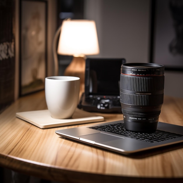 Photo a camera that is on a table next to a cup