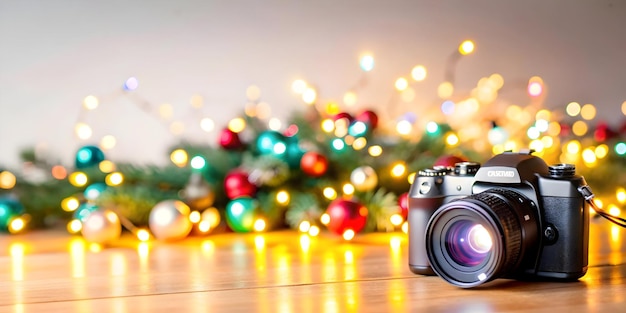 a camera that is on a table with christmas lights in the background