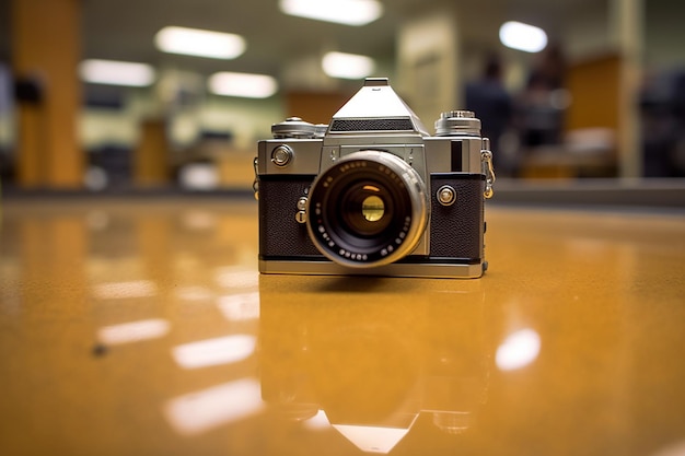 Photo a camera that is on a table with a reflection of a person in the background