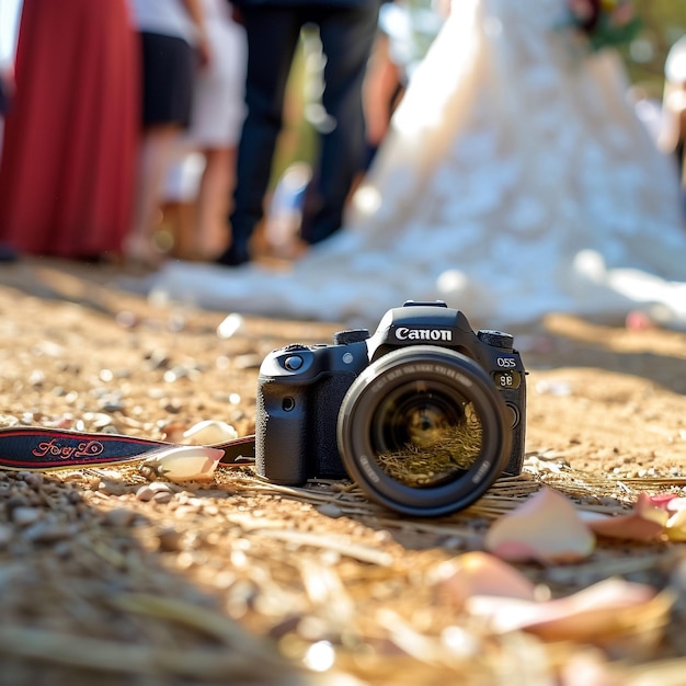 a camera that is on a table with a tree in the background