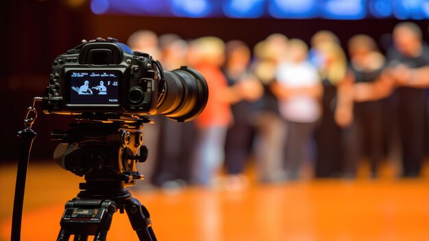 Camera on Tripod Filming Group of People