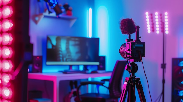 Photo a camera on a tripod in front of a computer monitor in a brightly lit room