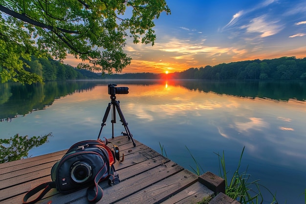 Photo a camera on a tripod is on a dock in front of a lake with the sun setting behind it