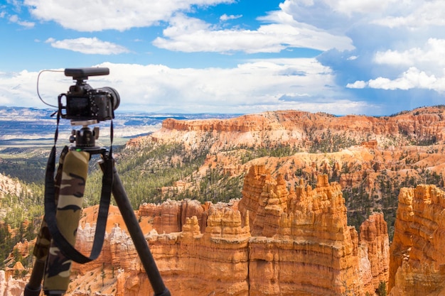 Camera on tripod ready to shoot in Bryce Canyon National Park at daytime Utah USA