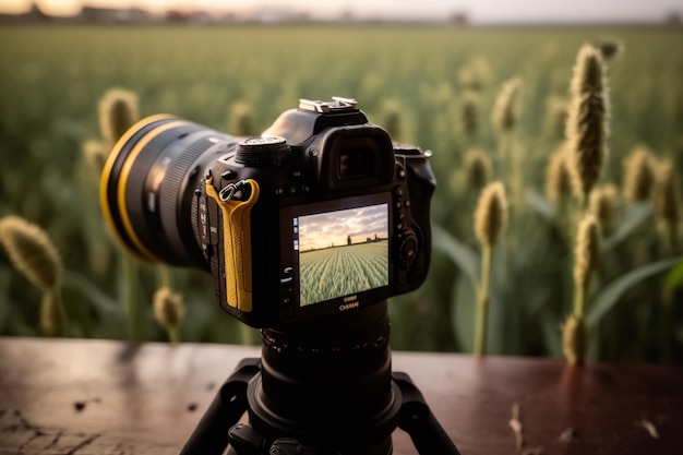 A camera on a tripod with a sunset in the background