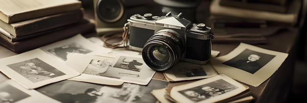 Camera and vintage photographs on a desk