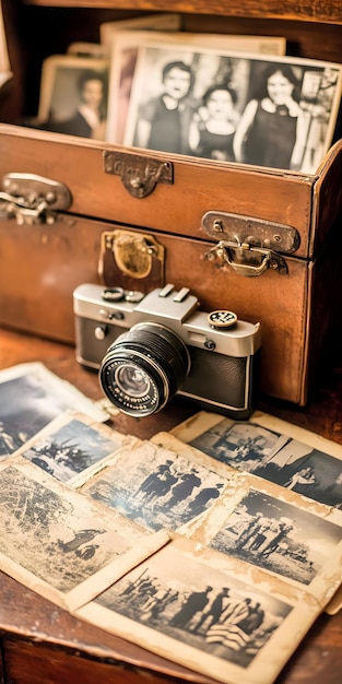 Camera and vintage photographs on a desk