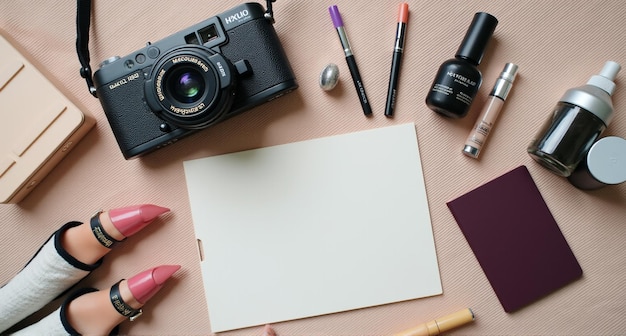 a camera with a blank sheet of paper and a pair of red gloves