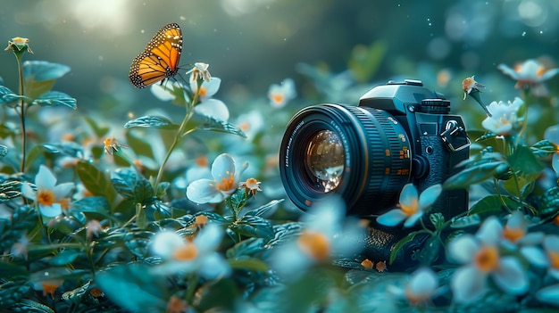 a camera with a butterfly on it and a butterfly in the background