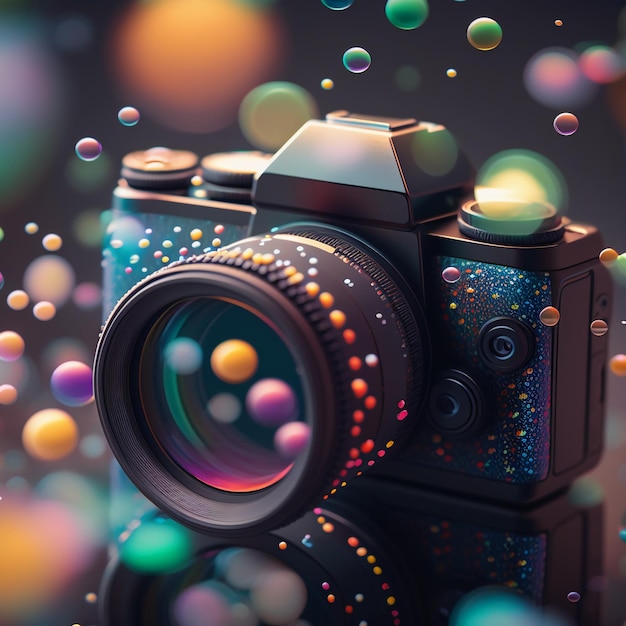 A camera with a colorful design is in front of a black background.