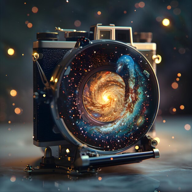 Photo a camera with a galaxy and stars on it