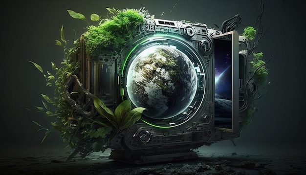 A camera with a globe on it that is surrounded by plants.