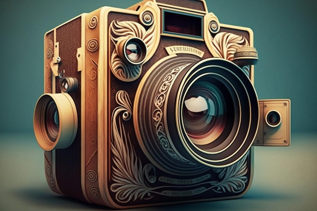 A camera with a gold design on it