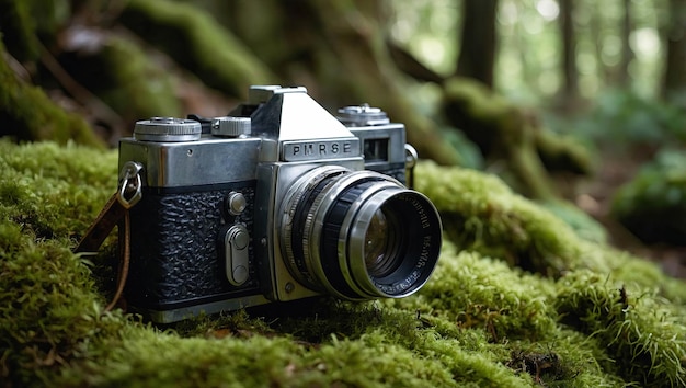 a camera with a green cover and a tree in the background