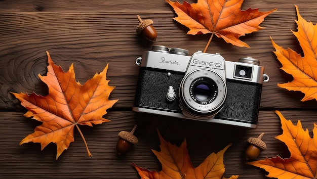 a camera with a leaf on it and a few leaves on the table