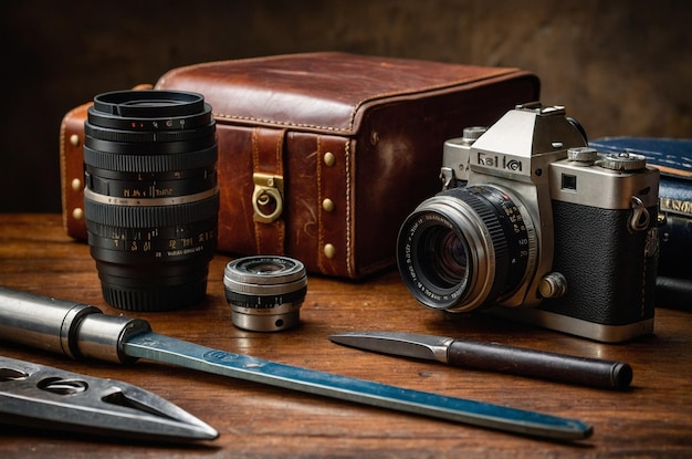 Photo a camera with a lens and a camera on the table