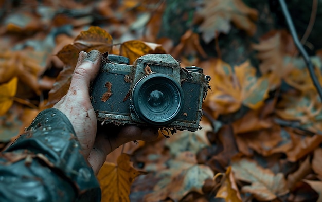 a camera with a lens cap on it is being held up by a person holding a camera