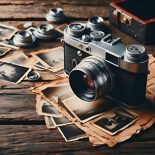 Photo a camera with a lens cap on it sits on a wooden table