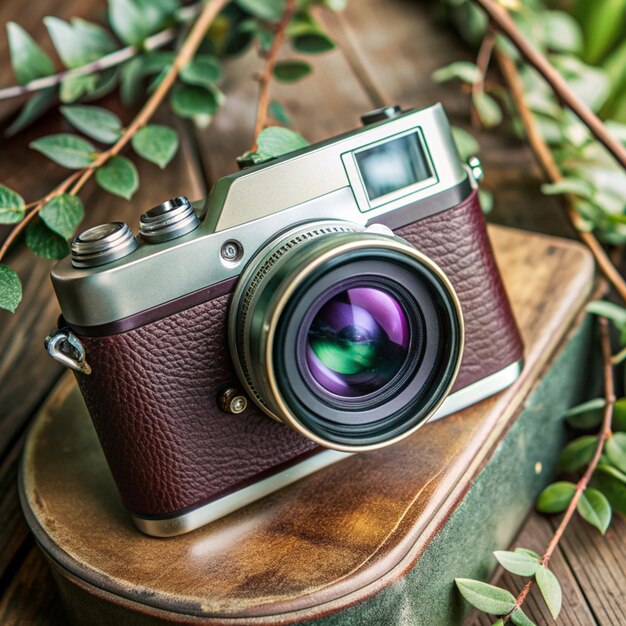 a camera with a lens cap on it sits on a wooden table