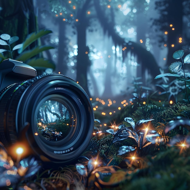 a camera with a lens cap on it and some trees in the background