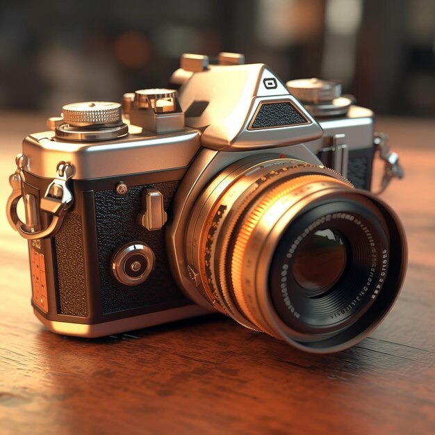 A camera with a lens on it is on a wooden surface.