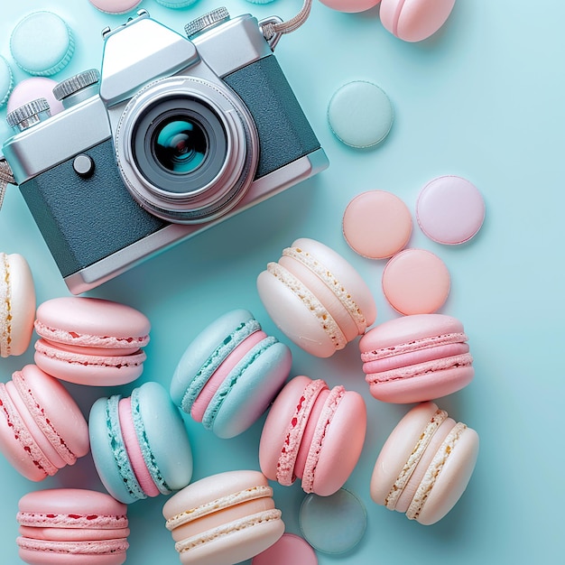 Photo a camera with many different colored macarons on it