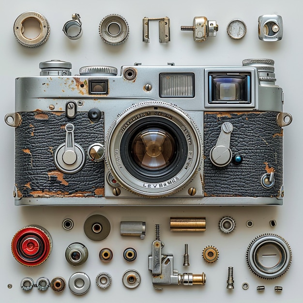 Photo a camera with many different parts and a lot of tools