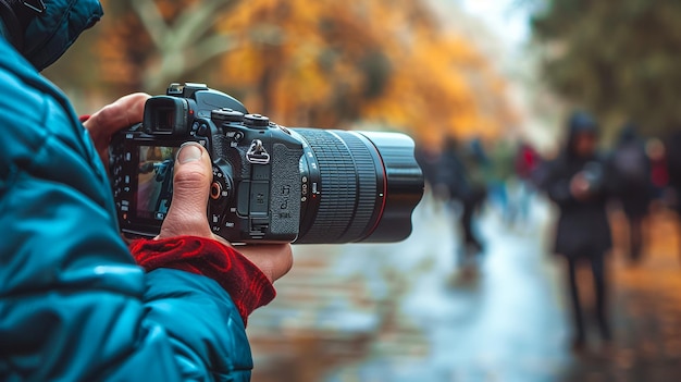 a camera with a person holding a camera in the rain