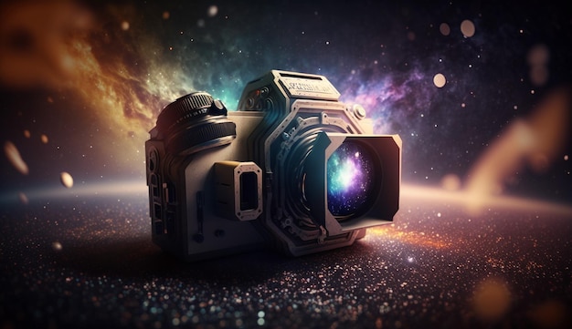 A camera with a purple background and capturing space