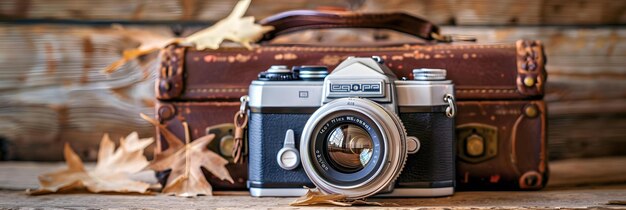 Camera with vintage lens resting on an old suitcase