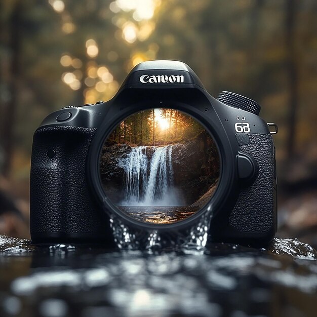 Photo a camera with the word canon on it is on a rock