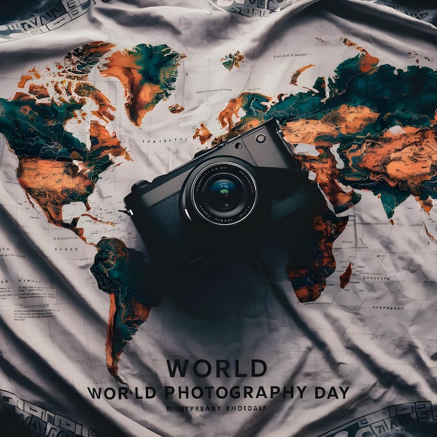 Photo a camera with a world photo on the bottom of it