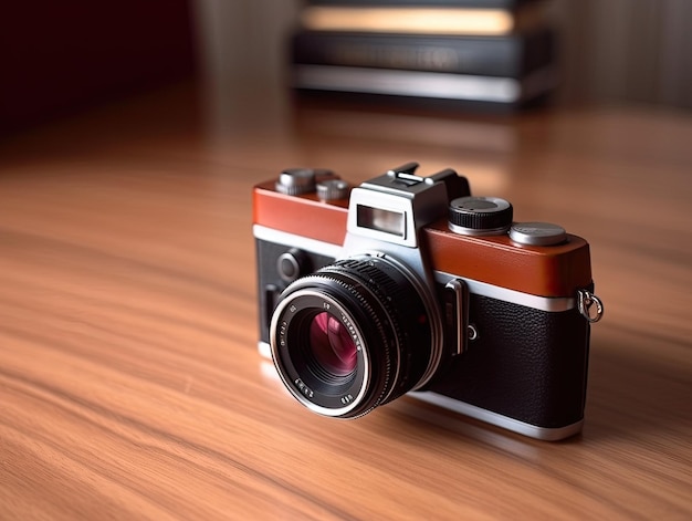 A camera on a wooden table with a stack of books behind it.