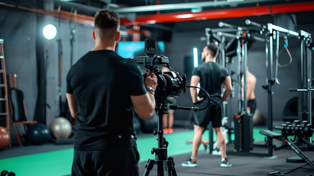 Photo a cameraman films a fitness instructor in a gym