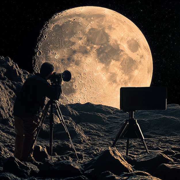 Cameraman Photographing Moon in Outer Space