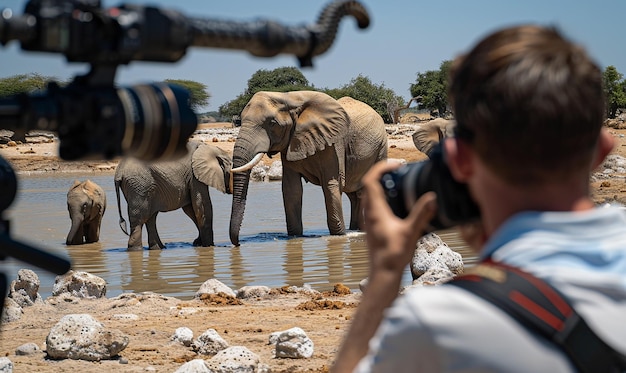 a cameraman takes elephants pictures