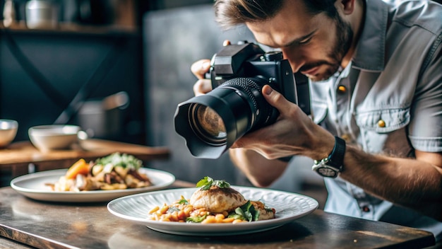 Photo a cameraman takes a picture of a man taking a picture of food