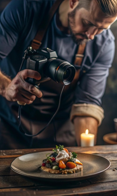 Photo a cameraman takes a picture of a plate of food with a candle