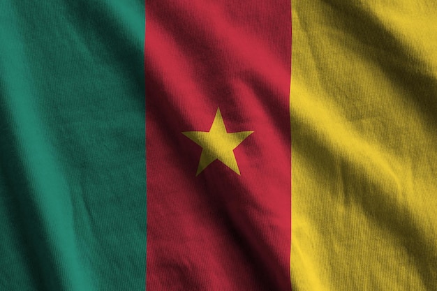 Cameroon flag with big folds waving close up under the studio light indoors The official symbols and colors in banner