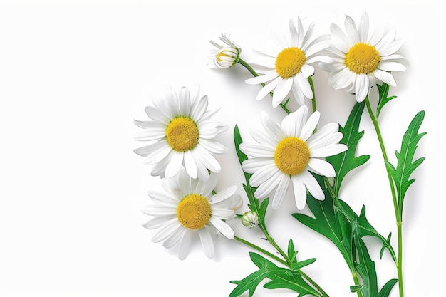 Camomile flowers with green leaves in white bouquet