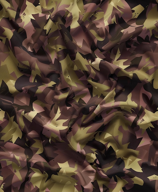 A camouflage print fabric with a star pattern on it in brown yellow and black colors with a black