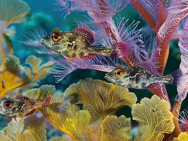 Photo camouflaged blennies concealed amidst vibrant sea fans in mesmerizing oceanic vista