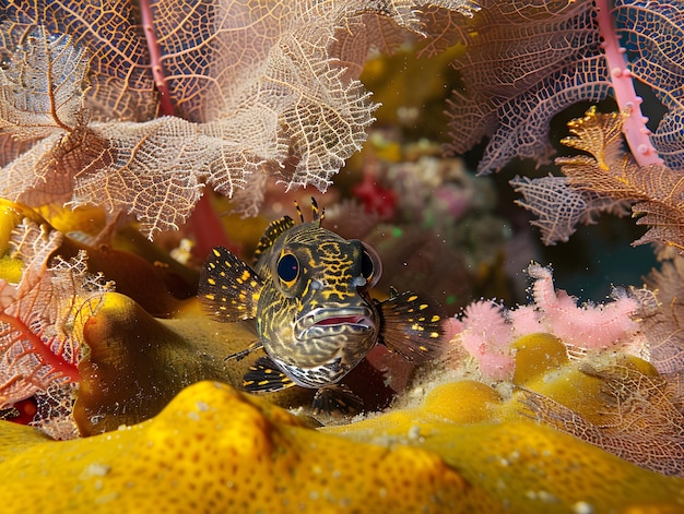 Photo camouflaged blennies concealed amidst vibrant sea fans with mottled textures and watchful gazes