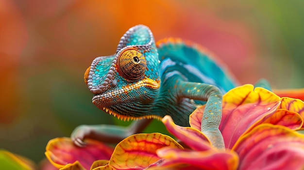 Camouflaged chameleon on colorful flower changing colors A chameleon clings to a vibrant