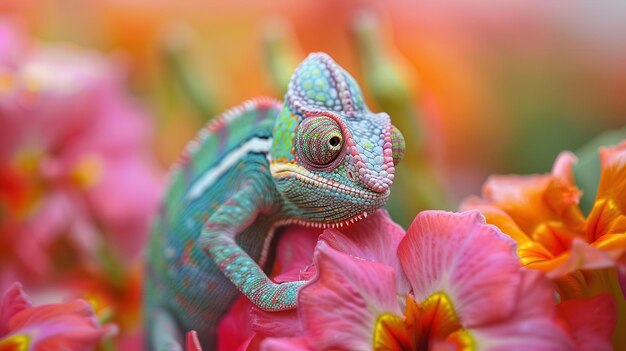 Camouflaged chameleon on colorful flower changing colors