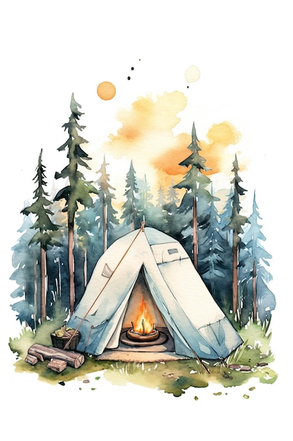 Camp forest watercolor clipart cute isolated on white background with Generative AI