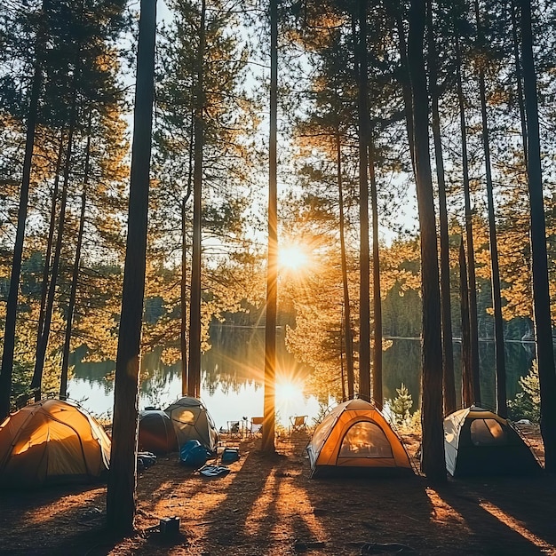 Photo a camp site with the sun setting behind them